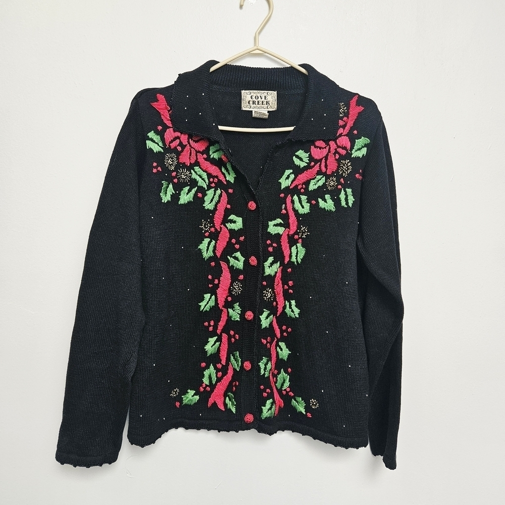 Vintage Cove Creek Sz S Black red Holiday Christmas Open Cardigan Sweater